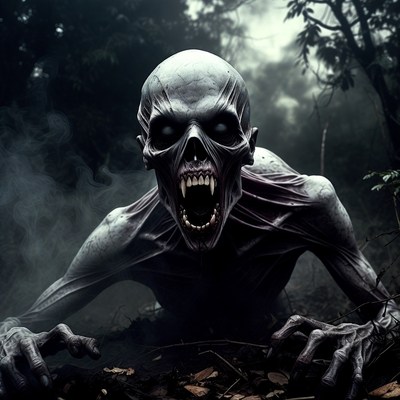 Zombie snarling in dark foggy forest