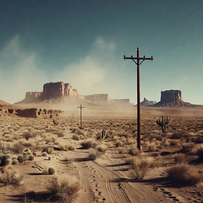 Utility Pole in Desert with Mesas
