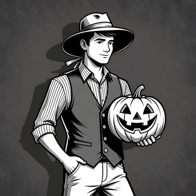 Cowboy holding jack-o-lantern pumpkin