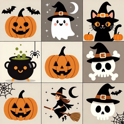 Halloween Icons Grid Illustration