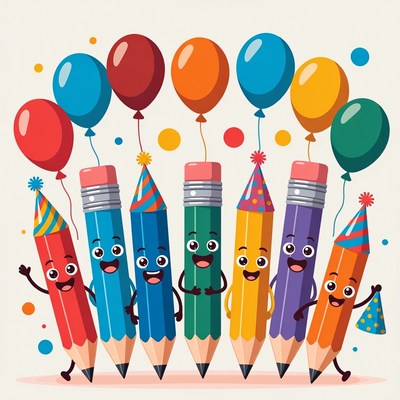 Colorful pencils with party hats and balloons