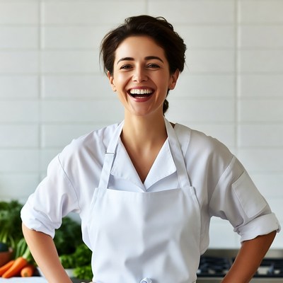 Smiling woman in white chef apron