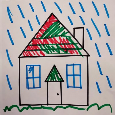 Child's drawing of house in rain