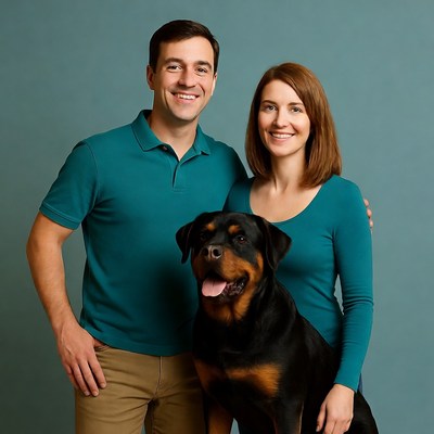 Smiling couple with Rottweiler