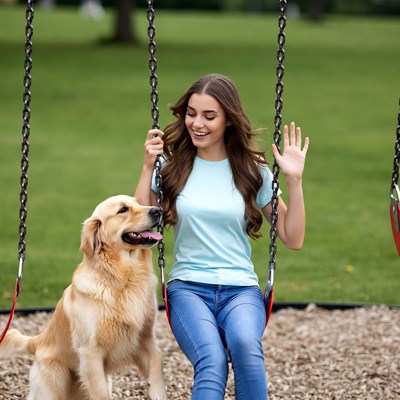 Woman swinging with golden retriever