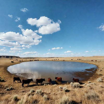Cows drinking at pond in grassland