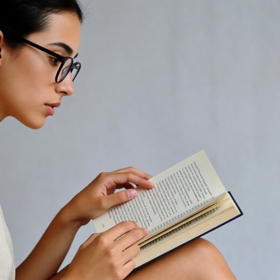 Asian woman reading book with glasses