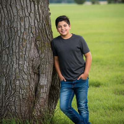 Latino boy leaning against tree