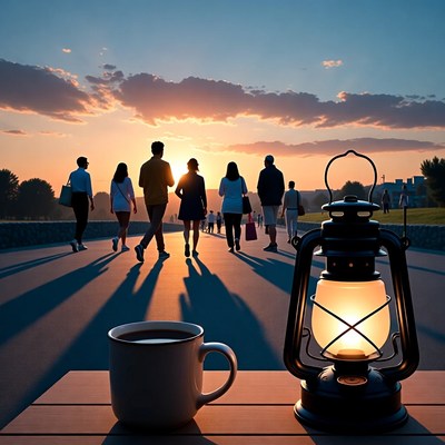 People Walking Silhouettes with Lantern and Coffee