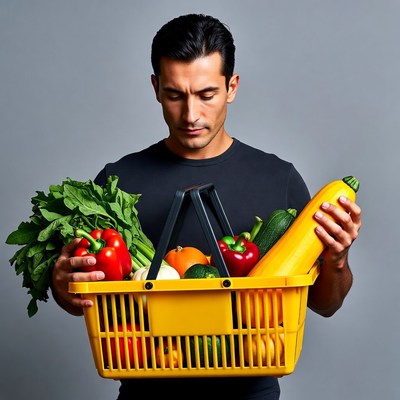 Man holding basket of fresh vegetables