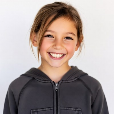 Smiling girl in gray hoodie