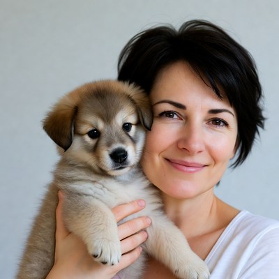 Woman holding cute puppy