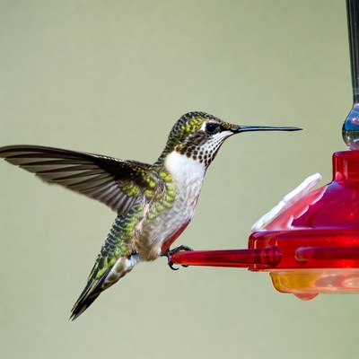 Hummingbird feeding at red feeder