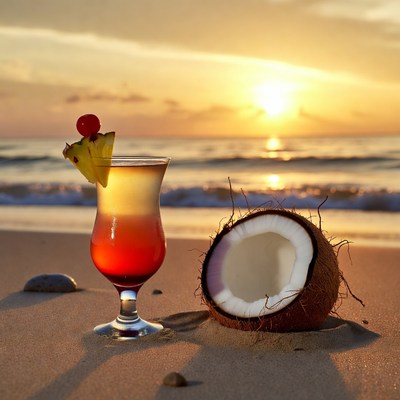 Pineapple Coconut Cocktail on Beach Sunset