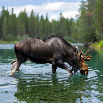 Moose drinking from river