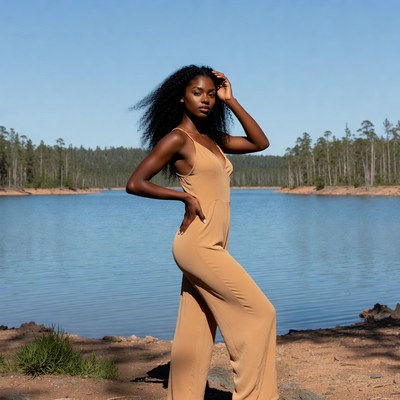 African-American woman in jumpsuit by lake