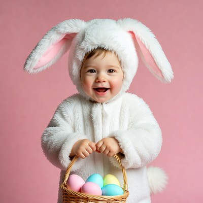 Baby girl in bunny costume holding Easter eggs