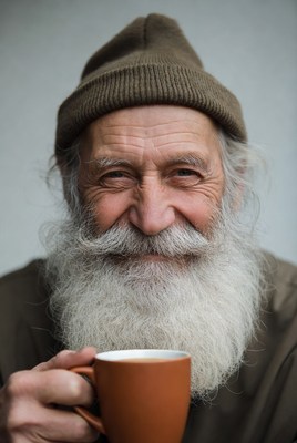 Elderly man holding mug