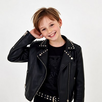 Boy smiling in studded leather jacket