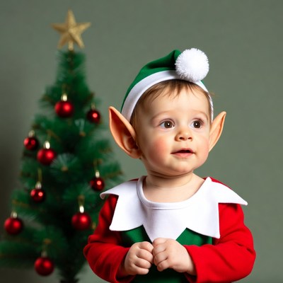 Baby elf in front of Christmas tree
