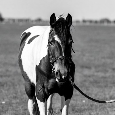 Piebald horse with bridle on field