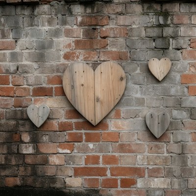 Wooden hearts on brick wall