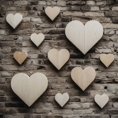 Wooden hearts on brick wall