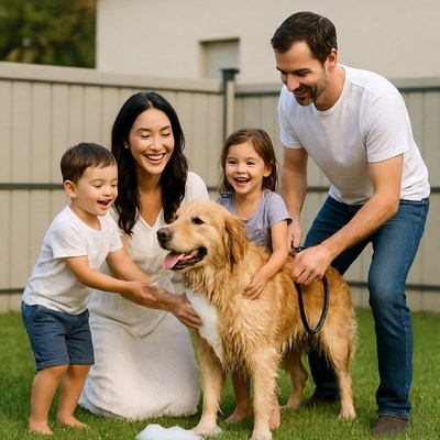 Family playing with Golden Retriever