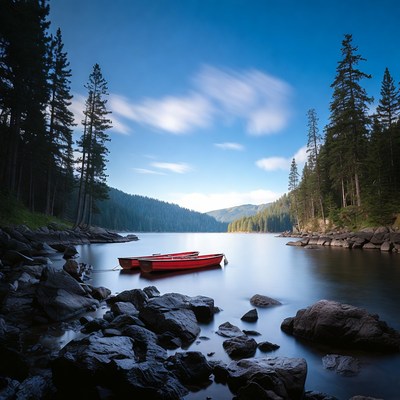 Red Canoes on Mountain Lake