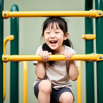 Asian girl smiling on playground bars