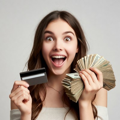 Excited woman holding cash and credit card