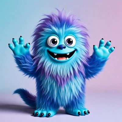 Fluffy Blue Monster Waving Happily