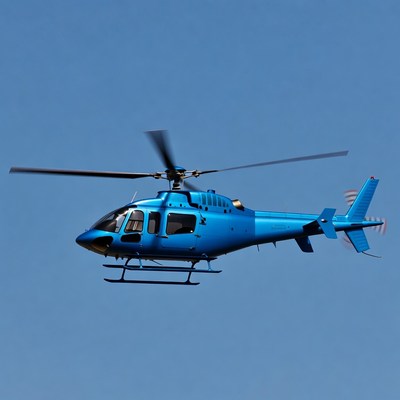 Blue helicopter flying in sky