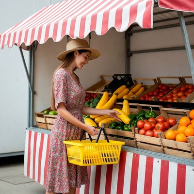 Woman shopping vegetables at market stall