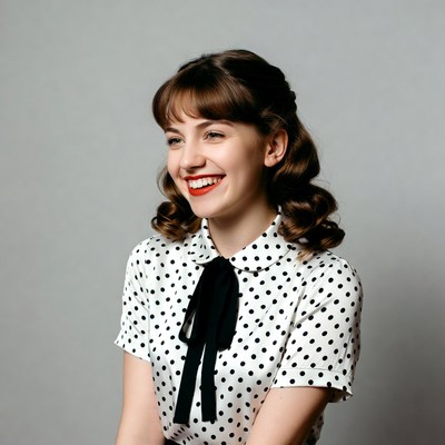 Woman smiling in polka dot blouse