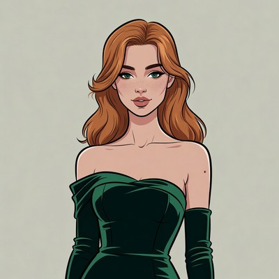 Redhead woman in green off-shoulder dress