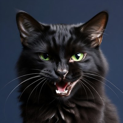 Black cat hissing with green eyes