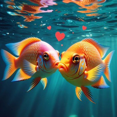 Two Kissing Goldfish Underwater