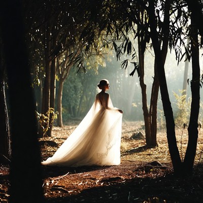 Woman in white gown in misty forest