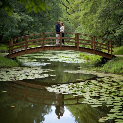 Couple standing on wooden bridge over lily pond