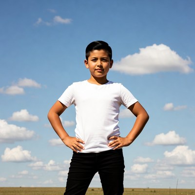 Latino boy hands on hips outdoors