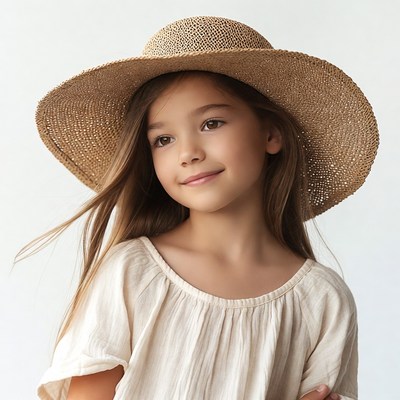 Asian girl wearing wide straw hat