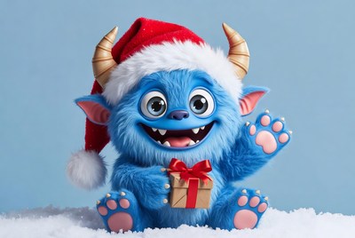 Cute blue monster holding Christmas gift