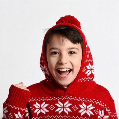 Boy smiling in red Christmas hoodie