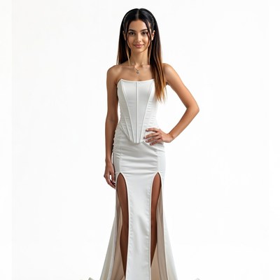 Woman in white corset slit gown