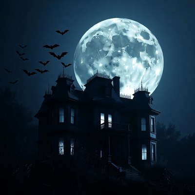 Haunted House Under Full Moon