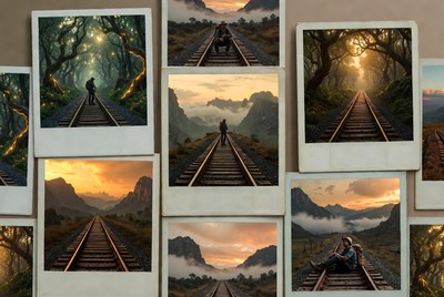 Polaroid Collage of Train Tracks Landscapes