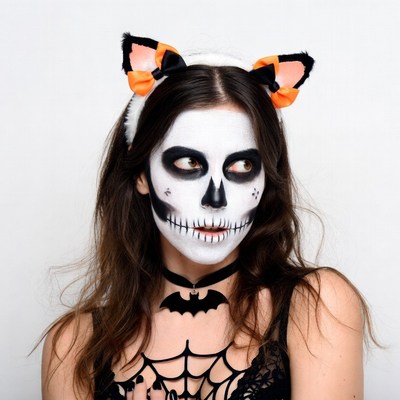 Woman in cat skull Halloween makeup