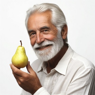 Elderly man holding pear