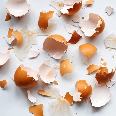 Broken Egg Shells on White Background